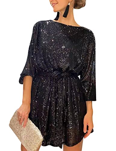 Rxozrxoz Women's Sexy Long Sleeve Sequin Sparkly Glitter Party Dress Long Sleeve Loose Fit Cocktail Bodycon Short Dress With Belt(Black-M) #TOP13