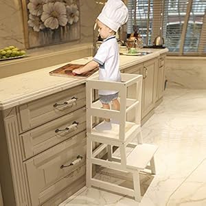 Kitchen Step Stool for Toddlers with Non-Slip Mat, WOOD CITY Wooden Kids Montessori Learning Stool Tower, Toddler Standing Tower Helper for Kitchen Counter and Bathroom Sink(White)