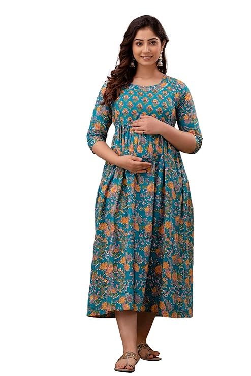 Image of Women's Pure Cotton All Over Printed Maternity Feeding Kurti | All Over Print Maternity Gown