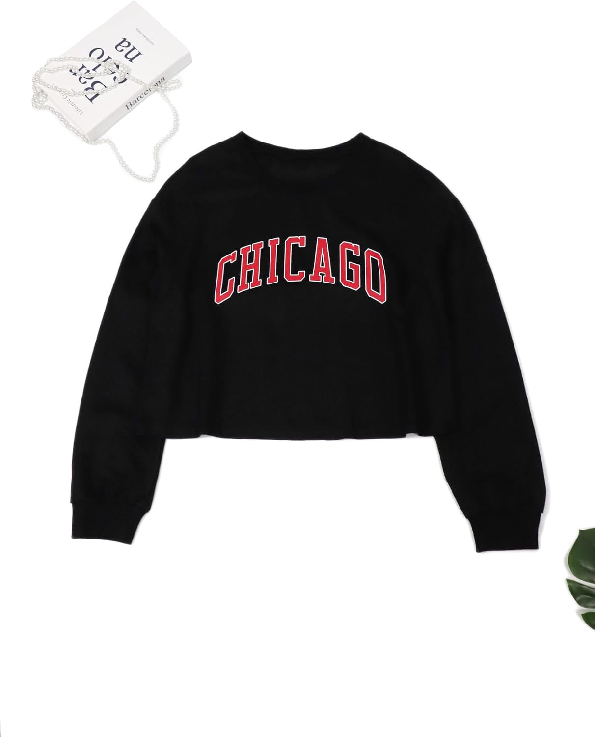 Sumtory Women Long Sleeve Crew Neck Sweat Shirts Loose Fit Letter Print Pullovers Crop Tee Tops Chicago Black M - Image 3