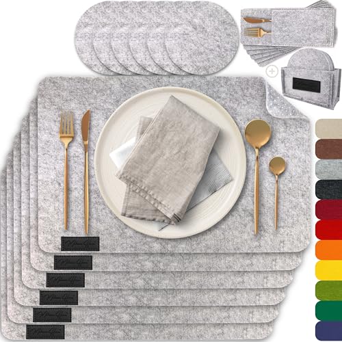 MAHEWA® 6er Set Premium Tischset Platzset aus Filz rutschfest Ab-waschbar und Waschmaschinenfest Eckige Platzdeckchen (Hellgrau… – Ansicht 1