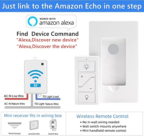 Nexete Smart Advanced Wireless Light Switch, Dimmer Switch And Receiver Kit No Wiring 100Ft Rf Range Mini Remote Control Light Switch,Voice Control,Bluetooth Work With Amazon Alexa Only (1 Pack) #TOP4