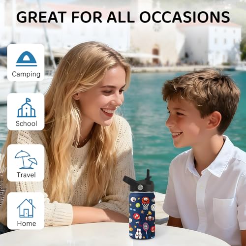 Image of Sports Water Bottle for Son & Daughter, Stainless Steel Insulated Tumbler with Straw Lid and Handle, 12oz Reusable Leak-Proof Bottle for Sports