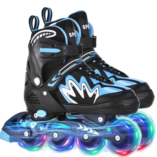 TOMSHOO Adjustable Inline Skates for Kids Outdoor Roller Skates with Full Light Up Wheels Roller Blades for Girls and Boys Birthday Gift (Blue, Large - Youth)