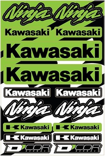 D'cor Visuals Racing Decal Sheet – 12 Mil Thick Vinyl, 19”x12”, Compatible with Kawasaki-Style Dirt Bikes – Includes Ninja-Inspired Fork Stickers – Green Moto Graphics for MX and Off-Road Motorcycles