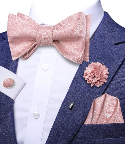 Image of Dubulle Self Tie Bow Ties and Lapel Pin for Men Paisley Solid Mens Bowtie and Handkerchief Cufflinks Set Wedding
