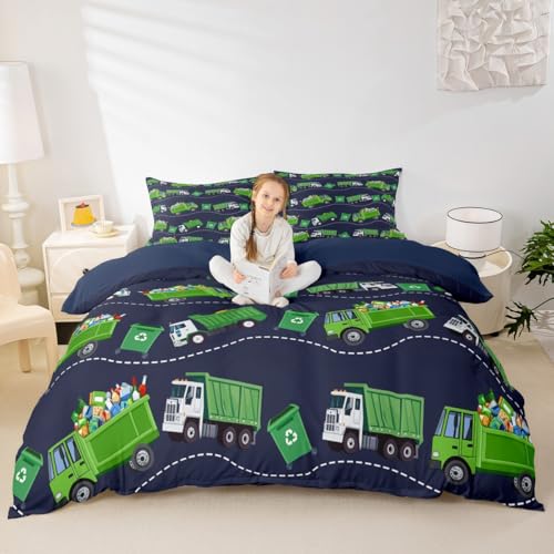 Feelyou Garbage Trucks Bedding Set Full Kids Cartoon Car Comforter Cover Set for Boys Teens Rubbish Car Duvet Cover Breathable Vehicles Blue Green Bedspread Cover Room Decor Quilt Cover