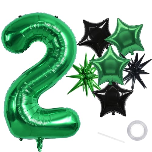 Image of TONIFUL 2nd Birthday Balloons 40 Inch Green Large Number 2 Foil Balloon 18 Inch Helium Mylar Heart Star Shaped Ballons for Boys Men Birthday Anniversary Graduation New Year Eve Party Decoration