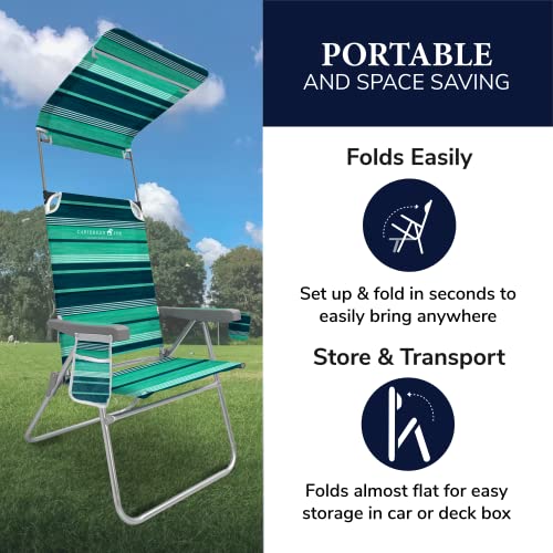 Caribbean Joe Folding Beach Chair, 1 Position High Back Outdoor Camping Chair With Canopy, Lightweight And Portable, Teal Variety Stripe #TOP3