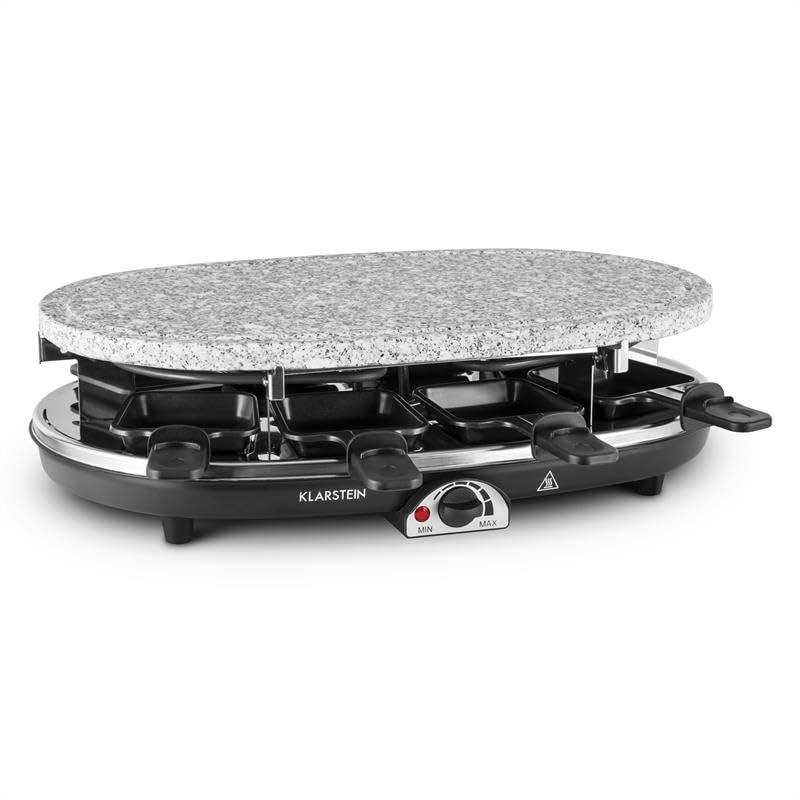 Klarstein Appareil a Raclette, Machine a Raclette avec Pierrade de 1500W, Gril en Pierre Naturelle, Appareil Rotatif et Ajustable pour 8 Personnes, Poelon Service Complet à