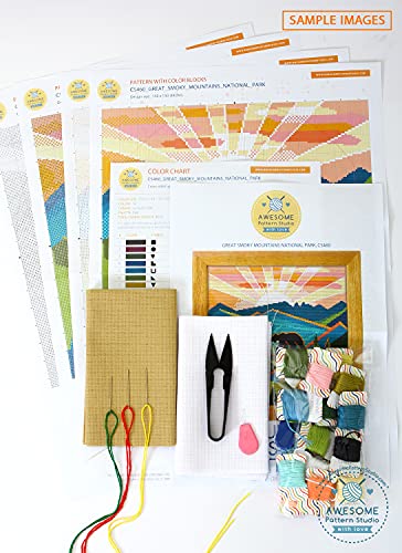 Image of Zion National Park K423 Counted Cross Stitch KIT#2. Threads, Needles, Fabric, Clippers, Needle Threader and Printed Pattern Inside. Embroidery Pattern Kit