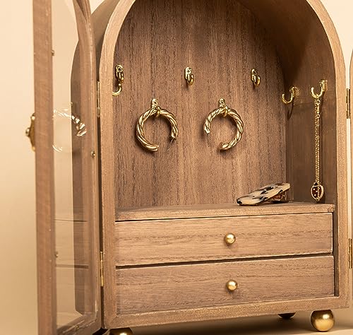 Hanna Roberts Jewelry Box Home Display Organizer with Opening Doors, Gold Hook and Storage Drawers