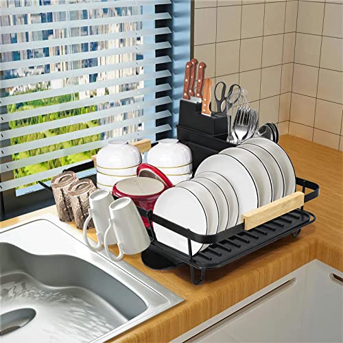 Dish Drying Rack Extra Large Black 4 Piece Dish Rack Sink Set With Removable Drainboard & Utensil Holder Knife Holder 5 Cup Holder Attachments, Kitchen Draining Dish Drying Rack With Wooden Handle #TOP3