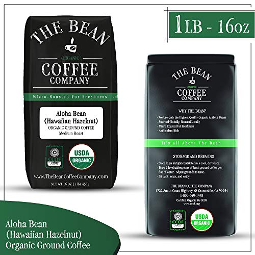 The Bean Coffee Company, Aloha Bean (Hawaiian Hazelnut), Medium Roast, Ground, 16 Oz, 1 Bag, Certified Organic, Roasted In The Usa #TOP1