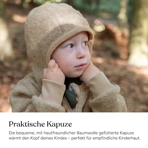 Ehrenkind® Fleeceoverall aus 100% Bio-Merinowolle, Atmungsaktiv & temperaturausgleichend, Wollfleece, Baby Overall mit Kapuze, Natur 62/69