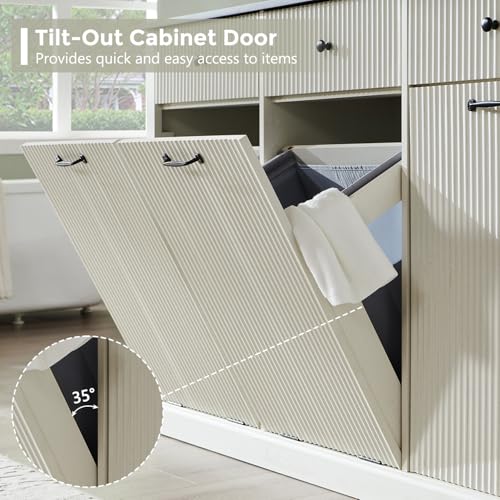 Image of IFBUY Triple Tilt Out Laundry Hamper Cabinet, Modern Fluted Trash Can Cabinet w /3 Drawers, 20 Gallon Hidden Garbage Can Cabinet w /Laundry Basket & Adjustable Shelf for Bathroom,Kitchen, Antique White