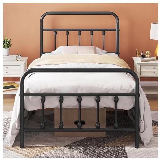 Topeakmart Twin Size Victorian Style Metal Bed Frame with Headboard/Mattress Foundation/No Box Spring Needed/Under Bed Storage/Strong Slat Support Black