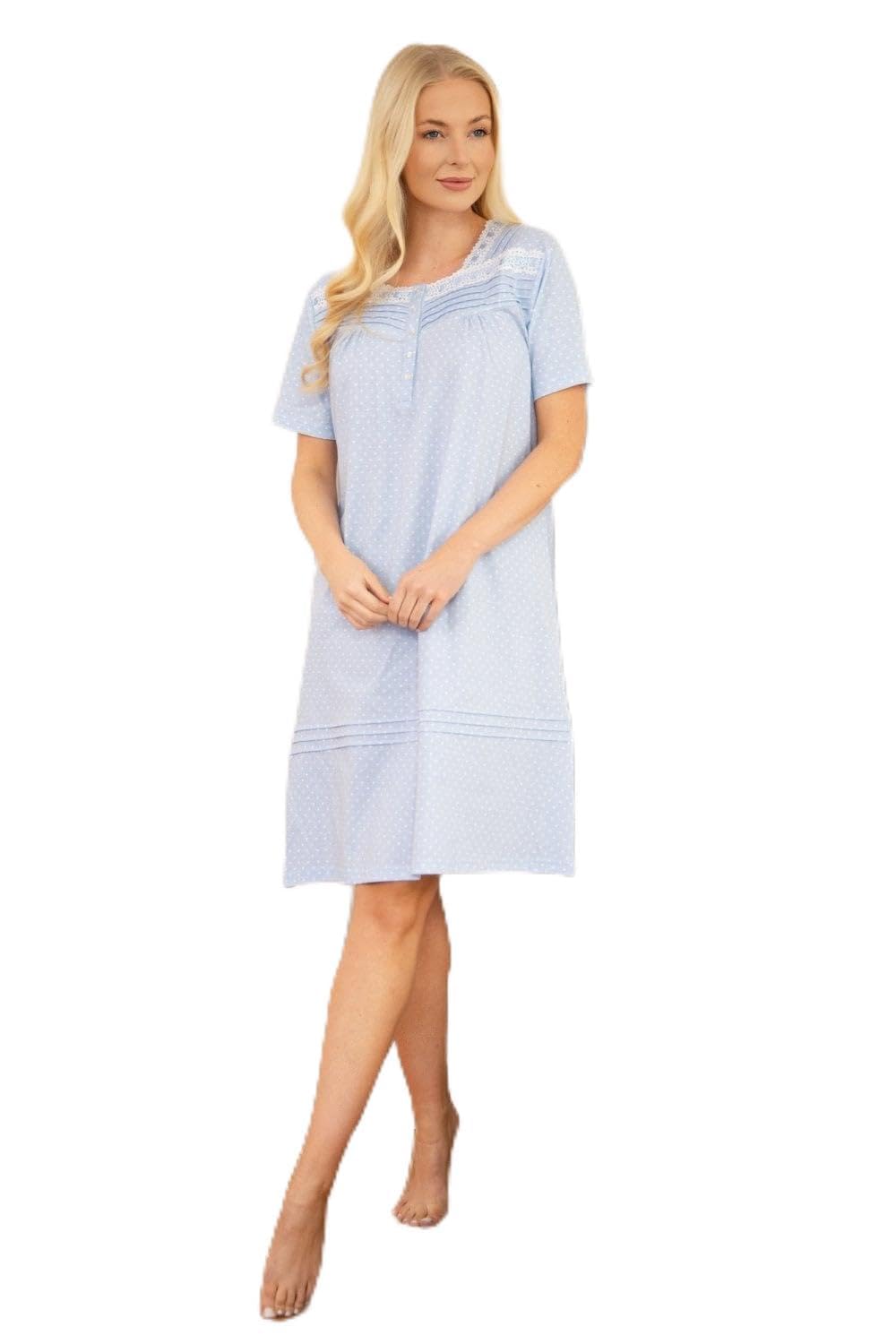 Camille Women's Blue Cotton Short Sleeve Polka Dot Nightdress In | Size: 22/24