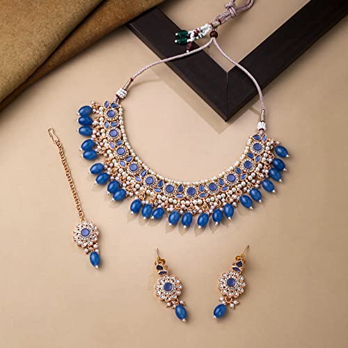 Image of Yellow Chimes Jewellery Set for Women and Girls Kundan Necklace Set Gold Plated Kundan Studded Blue Beads Drop Choker Necklace Set | Birthday Gift for girls and women Anniversary Gift for Wife