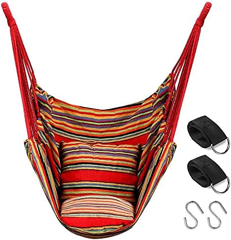 QF Hammock Chair Swing Hanging Hammock Chair with 2 Cushions, Hammock Swing Seat Cotton for Patio, Porch, Bedroom, Backyard, Indoor or Outdoor - Support 330lbs (Rainbow)