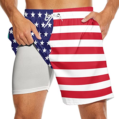 Mens Swim Trunks with Compression Liner American Flag Swim Trunks Men Board Shorts Men's Swimsuit 7 Inch Inseam