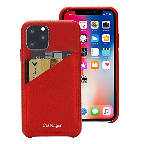 One-Day Sale: Up to 40% Off Cassenger Slim Fit Genuine Italian Leather Hard Back Case Protective Cover Snap On Case with 2 Card Holder Slots Compatible with iPhone 11 Pro 2019-Red