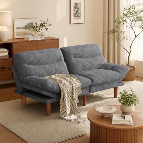 Image of Amada 66 inch Convertible Futon Sofa Bed, Corduroy Folding Futon Set with Adjustable Backrest &Armrests, Recliner Lounge for Living Room, Apartment or Office, Wood Frame, Loveseat Sofa - Grey