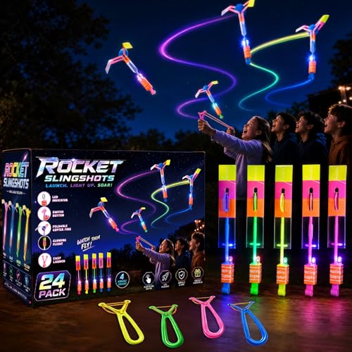 JX 24 Pack Rocket Slingshot Flying Toys with Led Lights, 24Pcs Arrow Helicopter, 24Pcs Launchers, Glow in The Dark Kids Party Favours Supplies Gift for Kids