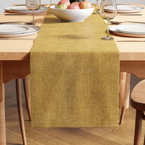 Image of Encasa XO Dining Table Runner for 4 to 6 Seater | 32x183 cm | Mustard Gold | Chenille Fabric | Machine Washable