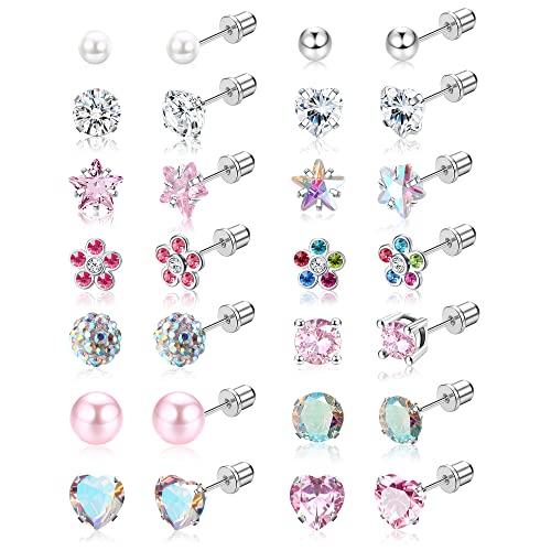YADOCA 14 Pairs Hypoallergenic Screw Back Earrings for Girls Kids Women 316L Surgical Stainless Steel Earrings for Sensitive Ears Cute Tiny Screwback Stud Earrings for Kid Toddler Little Girls