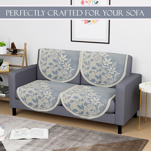 Image of Kuber Industries 2 Seater Cotton Sofa Cover /Slip Cover | Set of 4 Pieces | Removable & Washable Sofa Set Cover for Living Room -Floral Blue