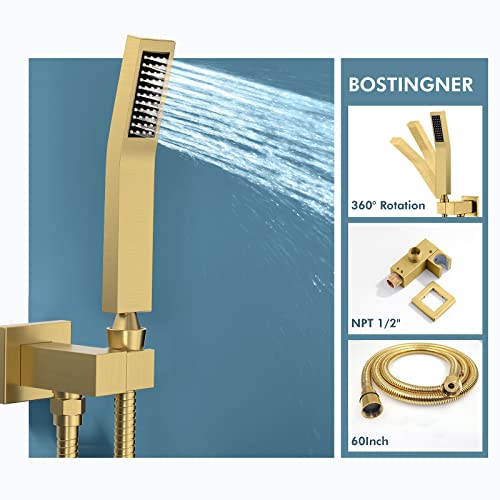Bostingner Brushed Gold Shower System with Body Jets, 10 inch Rain Shower Body Spray Jets System Wall Mounted Shower Faucet Set with 3-Function Rough-in Pressure Balanced Shower Valve - Thumbnail 4