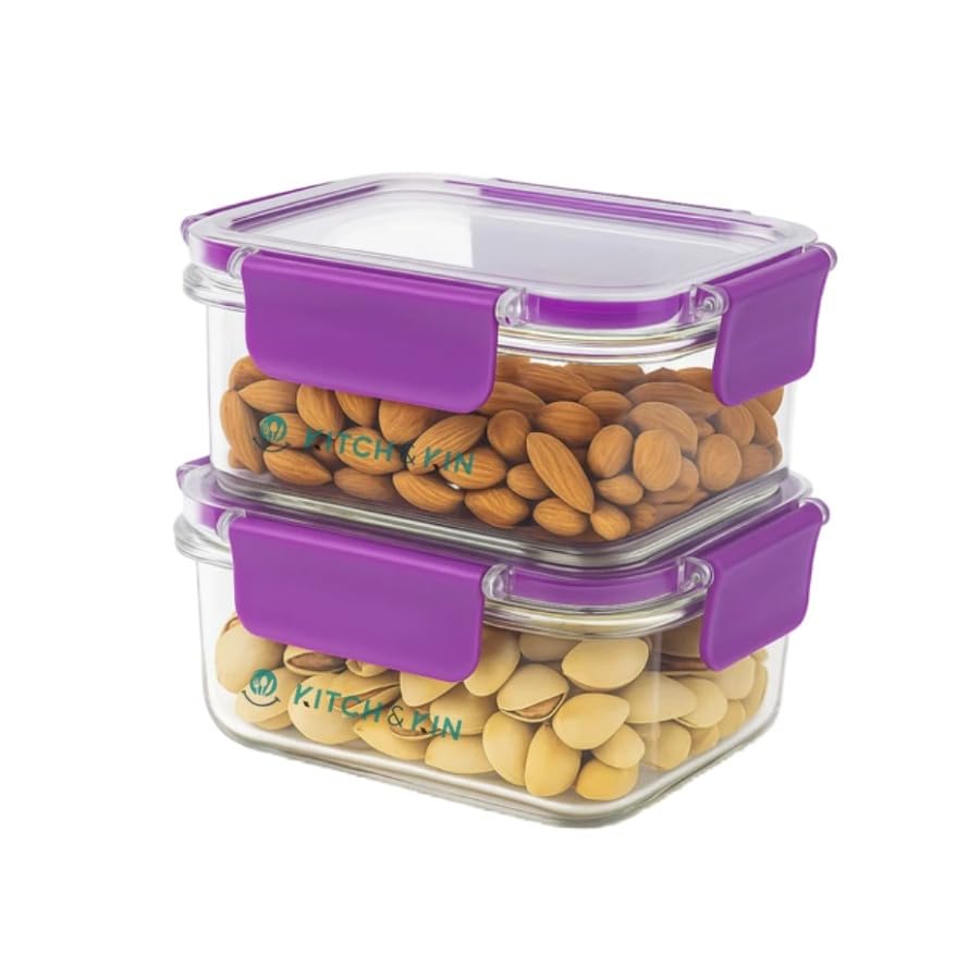 500ml Acrylic Plastic Fridge Storage Containers Pack of 2, purple – Airtight Kitchen Storage Box & Fridge Organiser for Vegetables, Snacks, Spices & Meal Prep
