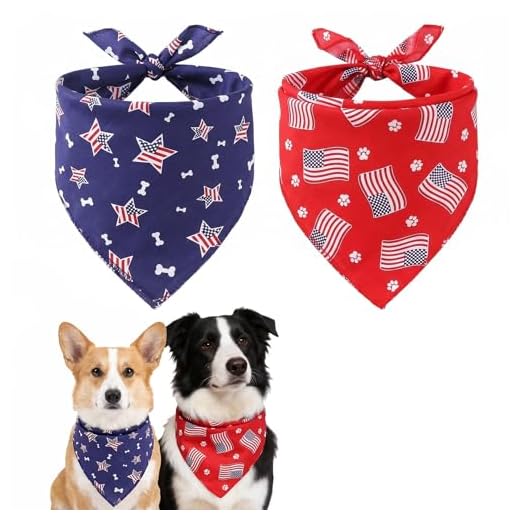 Tinsow 2 PCS Washable Dog Bandanas Bibs American Flag Square Dog Kerchief Independence Day Dog Collar Cat Pets Collar (Blue and Red-B)