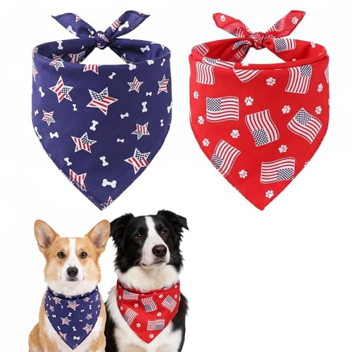 Tinsow 2 PCS Washable Dog Bandanas Bibs American Flag Square Puppy Kerchief Independence Day Puppy Collar Cat Pets Collar (Blue and Red-B)