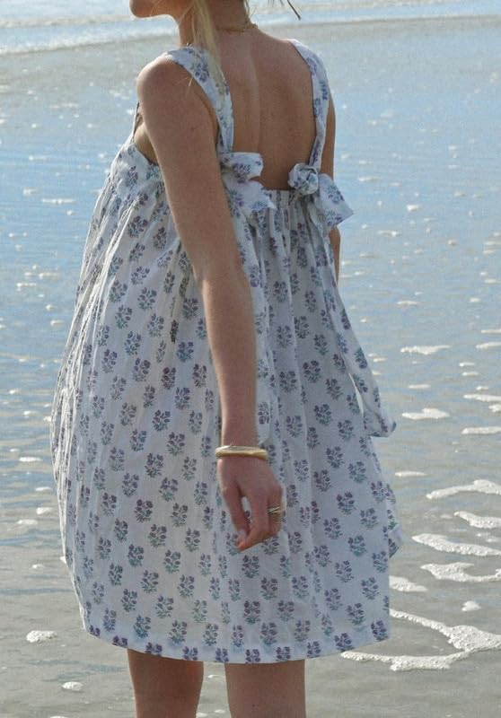 Image of Women Floral Tie Shoulder Mini Dress Cute Square Neck Loose Fit Beach Short Dress Backless Boho Vocation Sundress