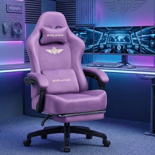GTPLAYER Big and Tall Gaming Chair 400lbs Heavy Duty Office Chair with FootRest High Back Pocket Spring Ergonomic Computer Chair for Adults Wide Comfy Seated Cushion with Linkage Armrests Light Purple