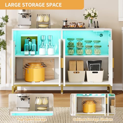 DWVO 47" Kitchen Storage Cabinet with LED Light & Power Outlet, Modern Sideboard Buffet Cabinet with Storage for Hallway, Kitchen or Living Room, White/Gold