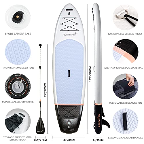 Surfstar Inflatable Stand Up Paddle Board 10'6"×33"×6" All-Around Sup Paddleboard For All Skill Levels With Camera Mount, Backpack, Fin, Leash, Waterproof Phone Bag, Paddle And Double Action Pump #TOP1