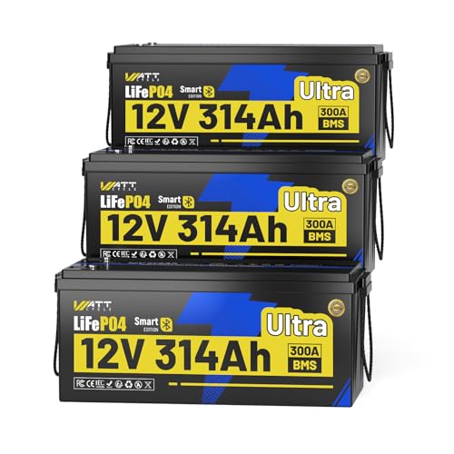 WattCycle 12V 314Ah LiFePO₄ Battery 3 Pack, Lithium Battery 12V 300A BMS, IP65 Marine Batteries Built-in Bluetooth, Lithium RV Batteries Perfect for Home Energy Storage, RV, Marine, Solar, Off-Grid