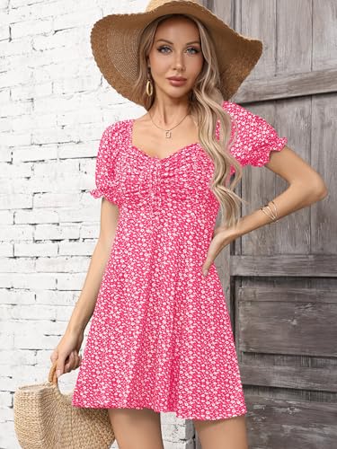 Image of Missufe Women's Puff Short Sleeve Drawstring Ruched Front Fit and Flare Floral Summer Casual Short Dress