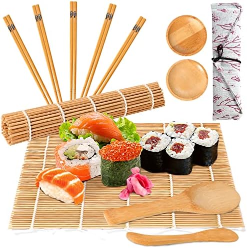 BQSHX Sushi Rolling Mats, Bamboo Sushi Making Kit for Beginners, 12 Pieces Carbonized Sushi Making Kit, 2 Sushi Roller Mat, Rice Paddle, Bamboo Chopsticks, Plates, Canvas Bag Included