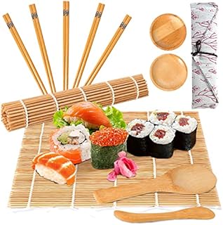 BQSHX Sushi Rolling Mats, Bamboo Sushi Making Kit for Beginners, 12 Pieces Carbonized Sushi Making Kit, 2 Sushi Roller Mat, Rice Paddle, Bamboo Chopsticks, Plates, Canvas Bag Included