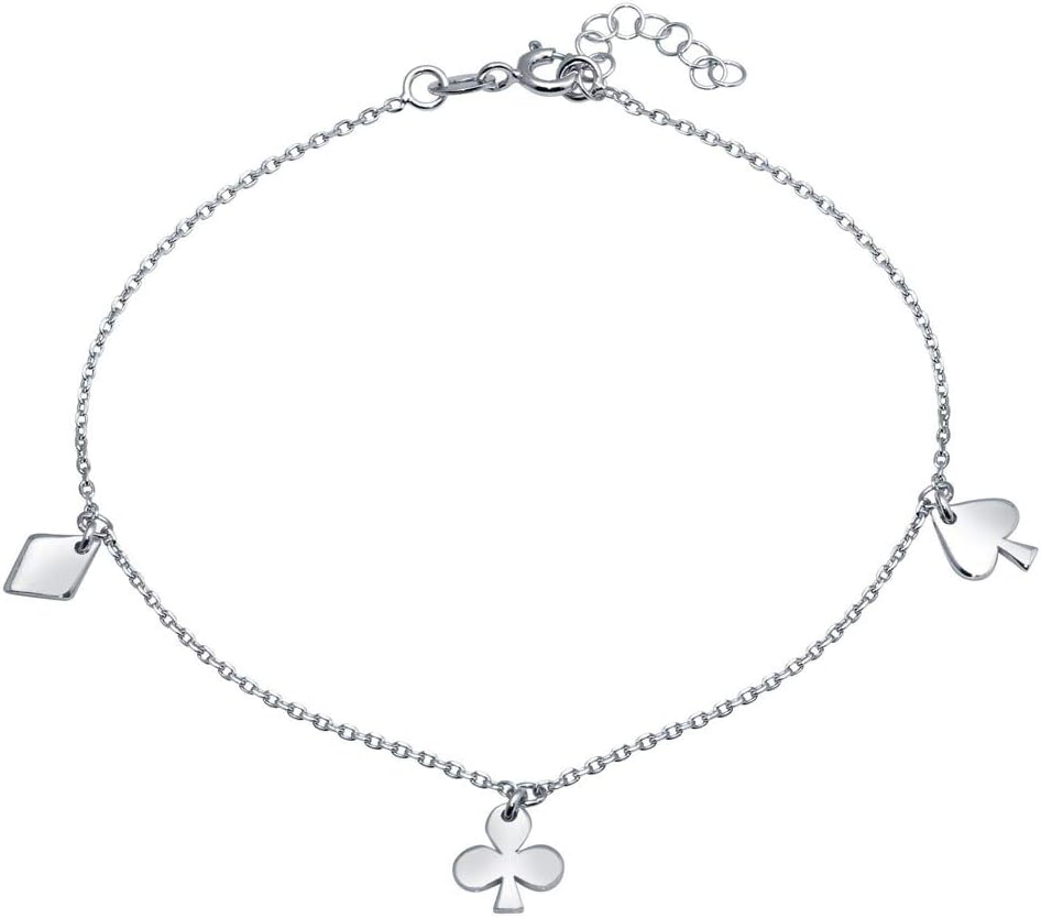 Rhodium Plated Sterling Silver Diamond, Clover, and Spade Charm Anklet