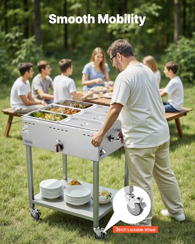 Image of VEVOR 6-Pan Commercial Propane Steam Table, LP Gas Outdoor Soup Warmer with Drain Valve and 3 inch Wheels, Stainless Steel Propane Food Warmer with Adjustable Temperature, for Restaurant Outdoor Camping