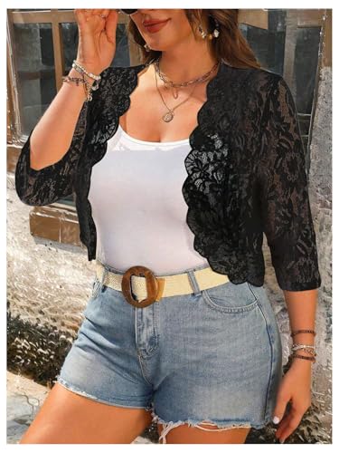 WDIRARA Women's Plus Size Lace Cardigan Open Front 3/4 Sleeve Lightweight Cropped Bolero Shrug4