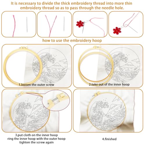 Image of BEUNITONE 4 Pcs Embroidery Kit for Beginner, Ukiyo-e Style Landscape Wave Pattern Embroidery Materials, Cross Stitch Set with Cloth, Thread, Needle and Hoop Tools for Friendship Gift and Home Decor