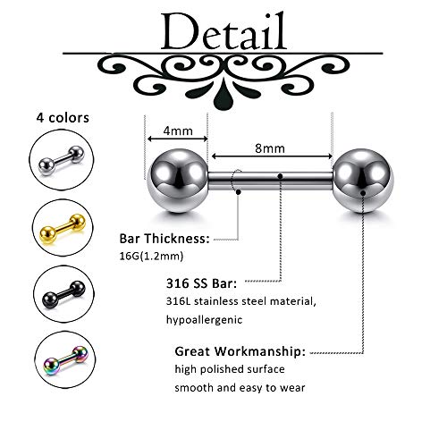 Zysta 4 Pairs Stainless Steel 14/16G Mixed Colors Body Piercing Barbells 6-16Mm Post Studs Earring Nippletongue Helix Tragus Cartilage Labret Medusa Lip Eyebrow Straight Bar Ball Screw #TOP1