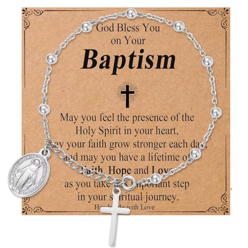 Image of Catholic Gifts for Girl Virgin Mary Christian Cross Bracelet First Communion Baptism Confirmation Gifts For Teen Girls Link Jewelry