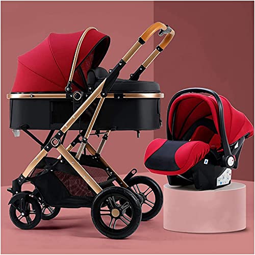 3-in-1 Travel System Baby Pram High Landscape Anti-Shock Newborn Baby Stroller with Mosquito Net and Sun Hat Brim (Color : Red)